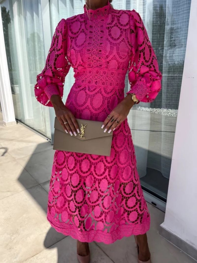 Women's Maxi Dress with High Neck Lace and Long Sleeves