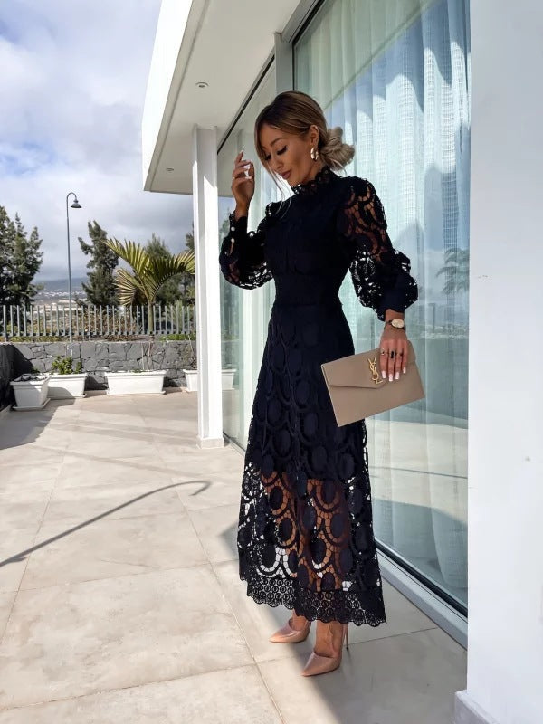 Women's Maxi Dress with High Neck Lace and Long Sleeves