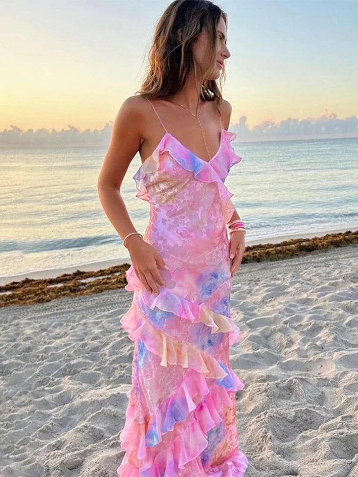 Women’s Maxi Dress with Spaghetti Straps and Ruffled Tiers