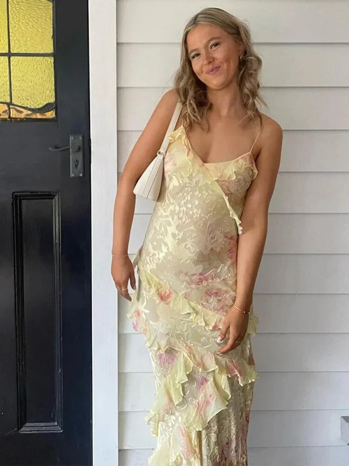 Women’s Maxi Dress with Spaghetti Straps and Ruffled Tiers