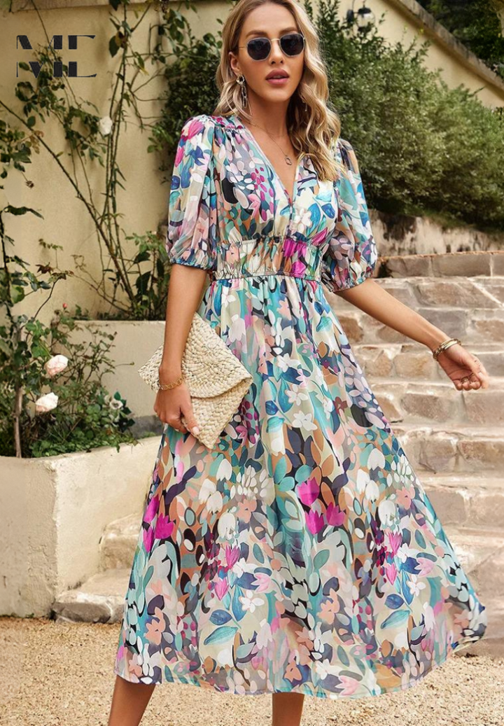Women’s Maxi Dress with V-Neck Puff Sleeves and Elastic Waist