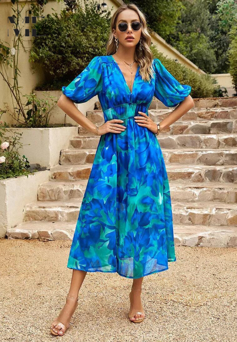 Women’s Maxi Dress with V-Neck Puff Sleeves and Elastic Waist