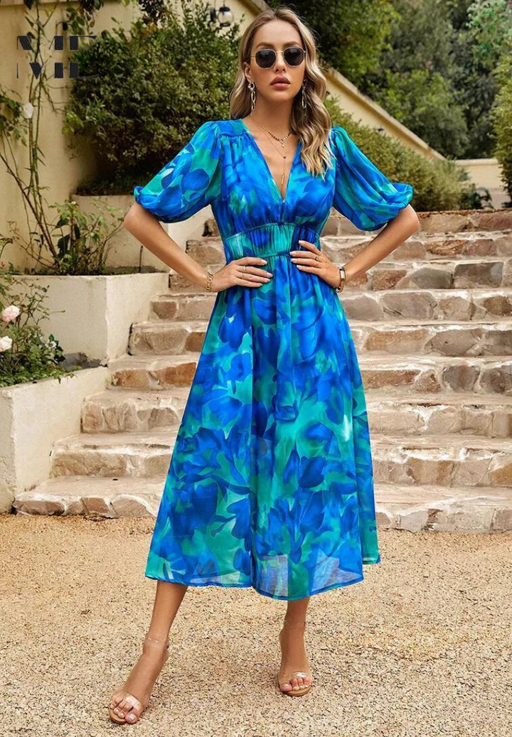 Women’s Maxi Dress with V-Neck Puff Sleeves and Elastic Waist