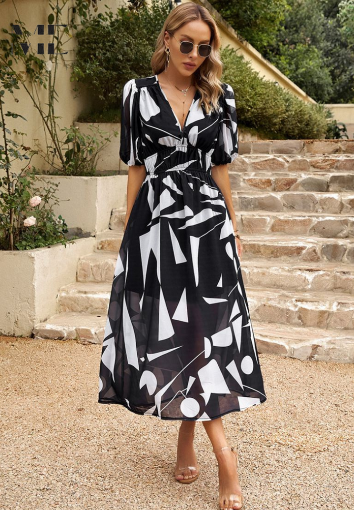 Women’s Maxi Dress with V-Neck Puff Sleeves and Elastic Waist