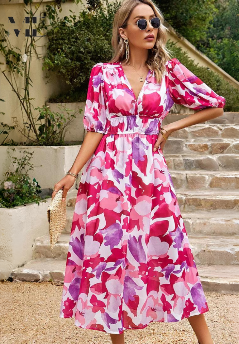 Women’s Maxi Dress with V-Neck Puff Sleeves and Elastic Waist