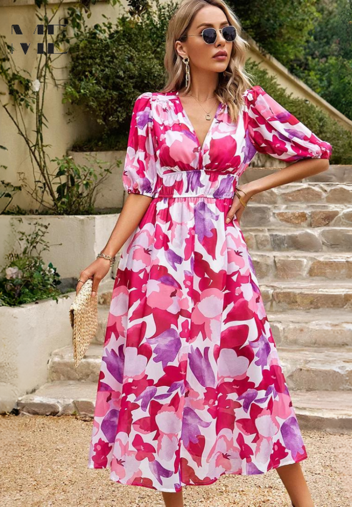 Women’s Maxi Dress with V-Neck Puff Sleeves and Elastic Waist