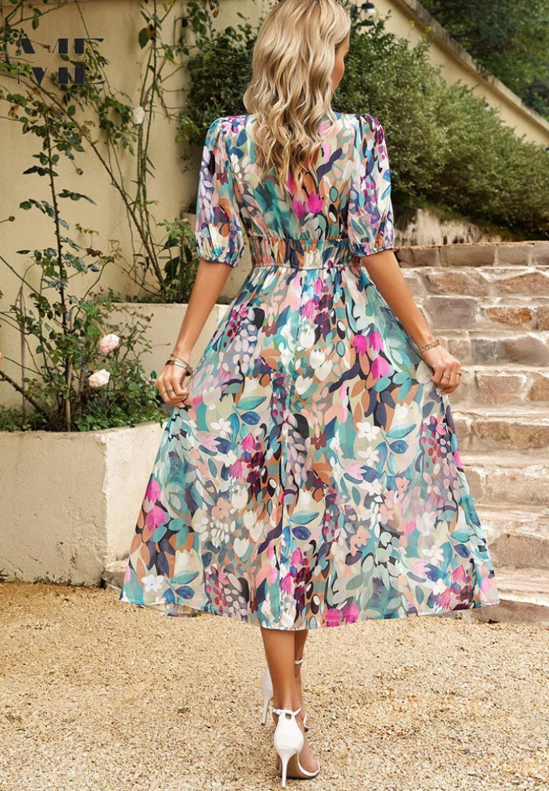 Women’s Maxi Dress with V-Neck Puff Sleeves and Elastic Waist