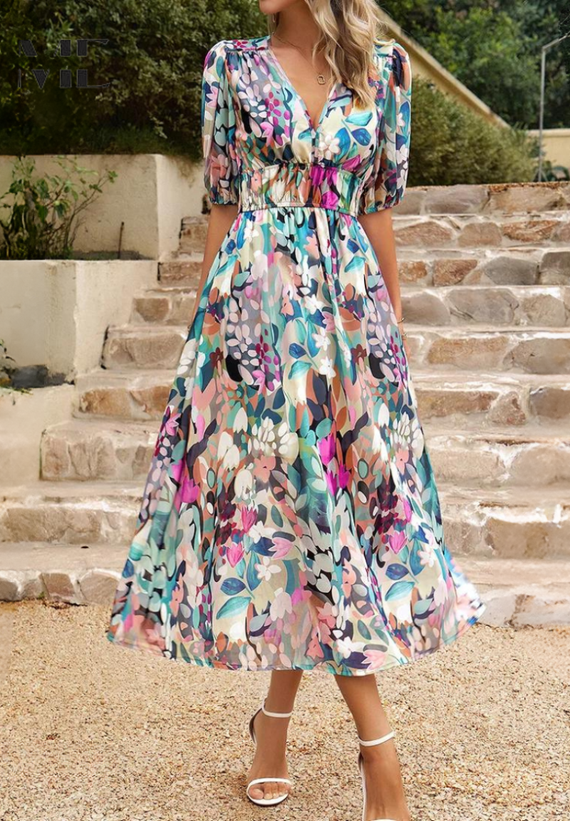 Women’s Maxi Dress with V-Neck Puff Sleeves and Elastic Waist