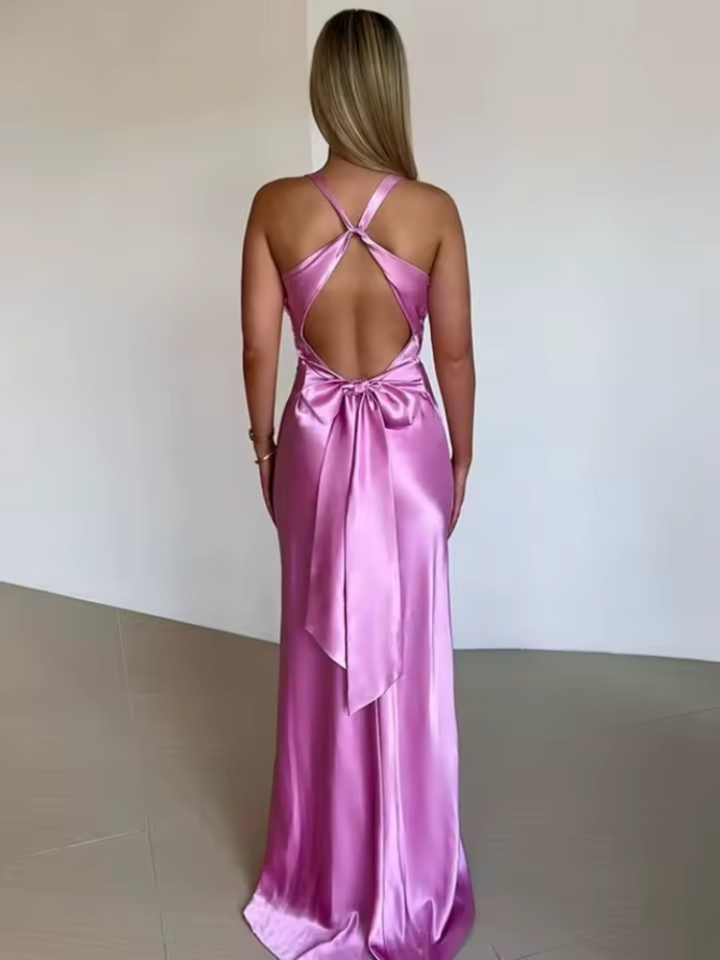 Women's Maxi Dress with V-Neck Twist Front and Tie Back
