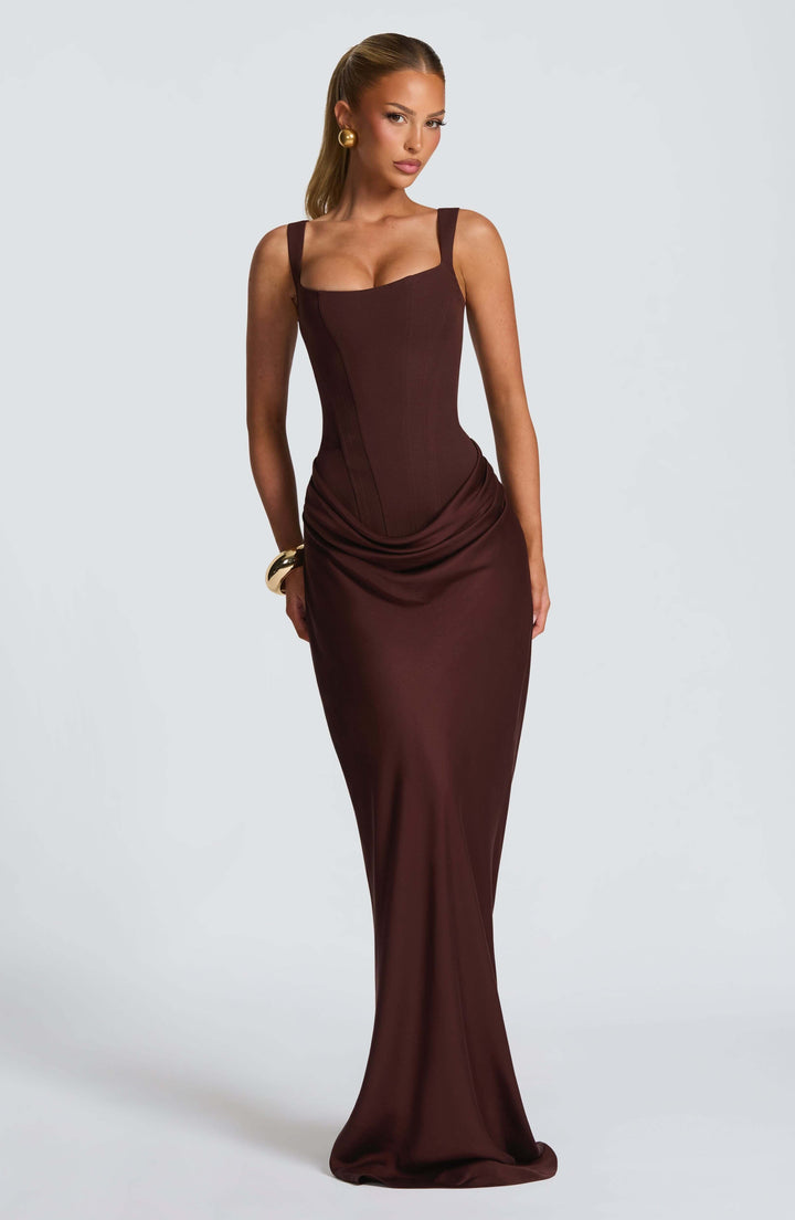 Women's Maxi Wedding Guest Dress with Pleated and Square Neckline