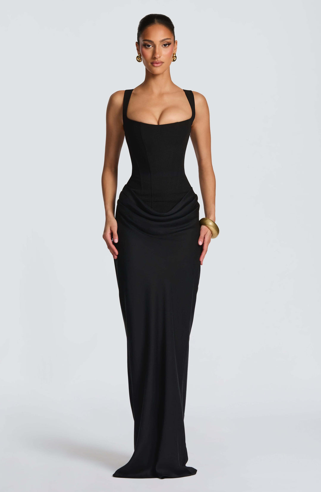 Women's Maxi Wedding Guest Dress with Pleated and Square Neckline