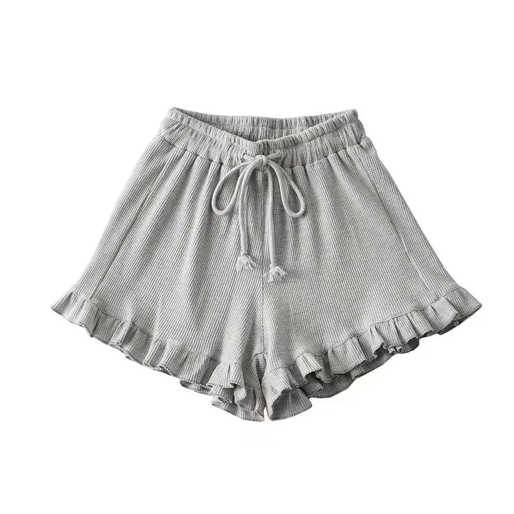 Women’s Mid-Waist Shorts with Drawstring and Ruffled Hem
