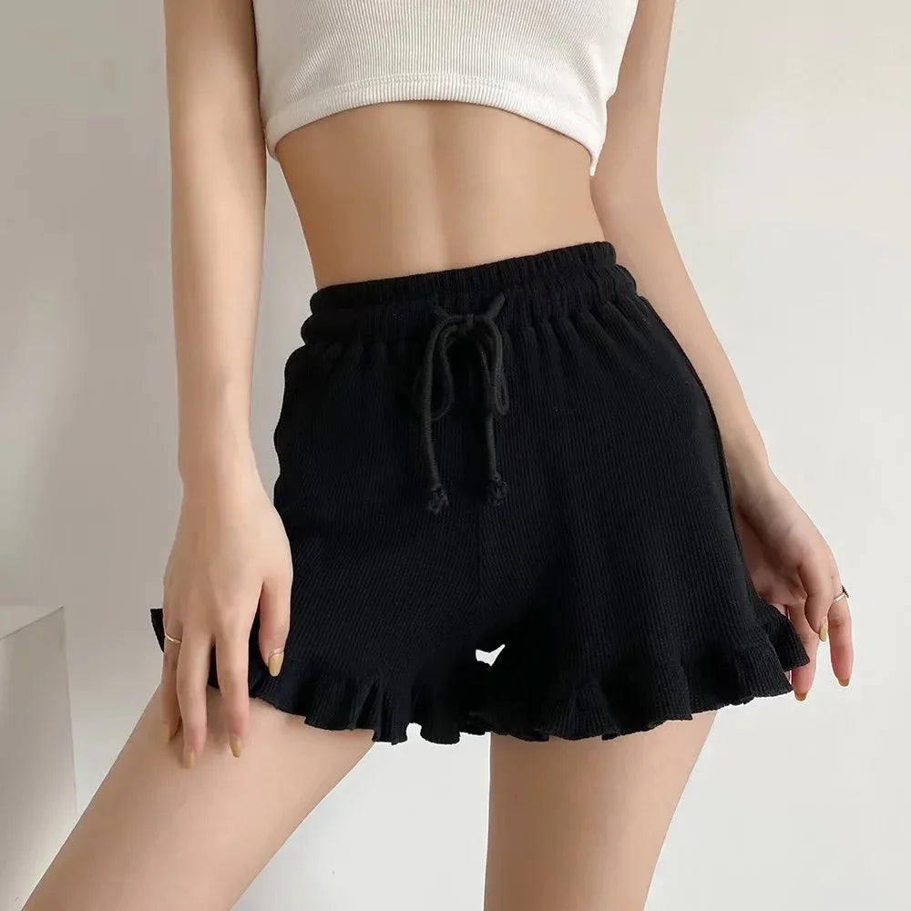 Women’s Mid-Waist Shorts with Drawstring and Ruffled Hem