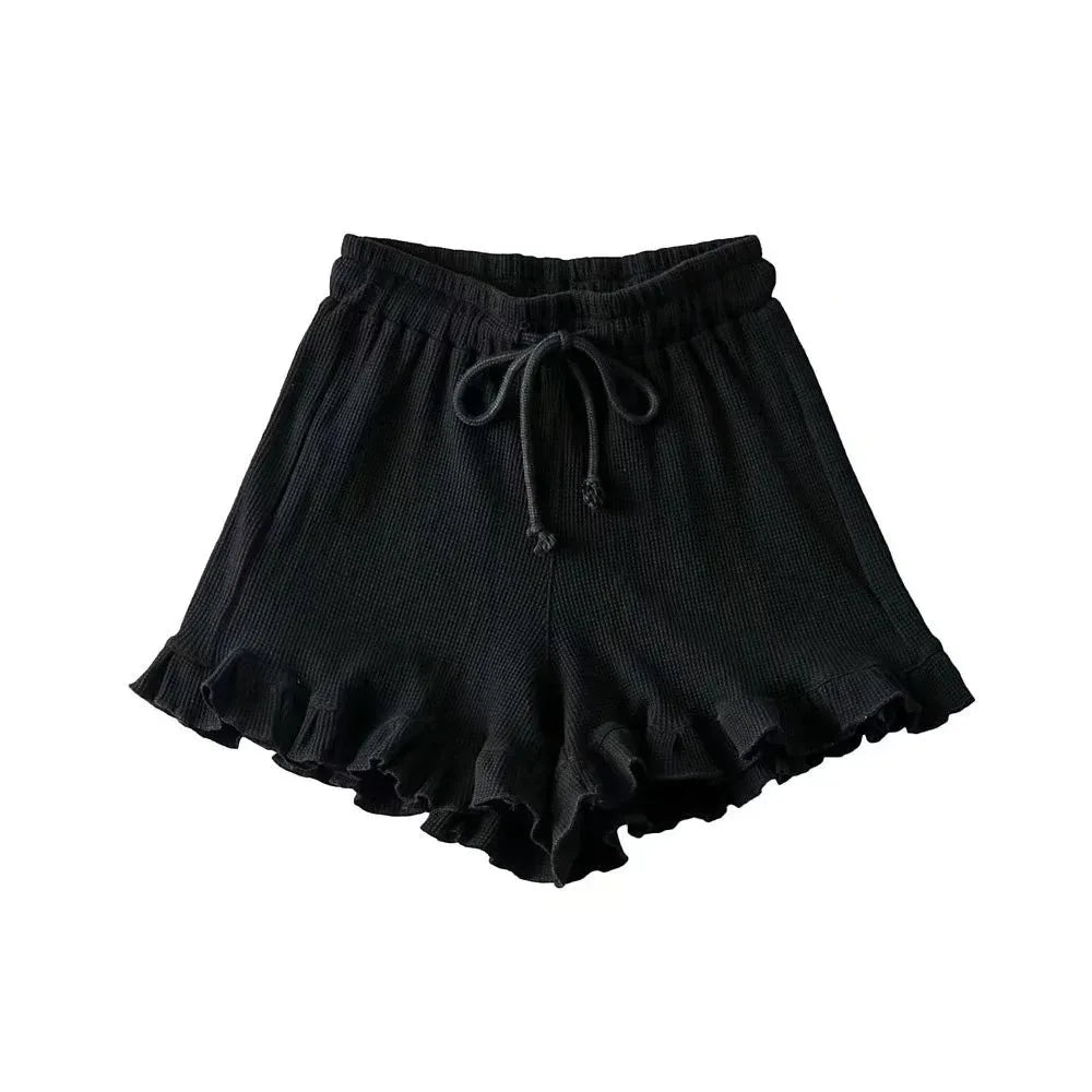 Women’s Mid-Waist Shorts with Drawstring and Ruffled Hem