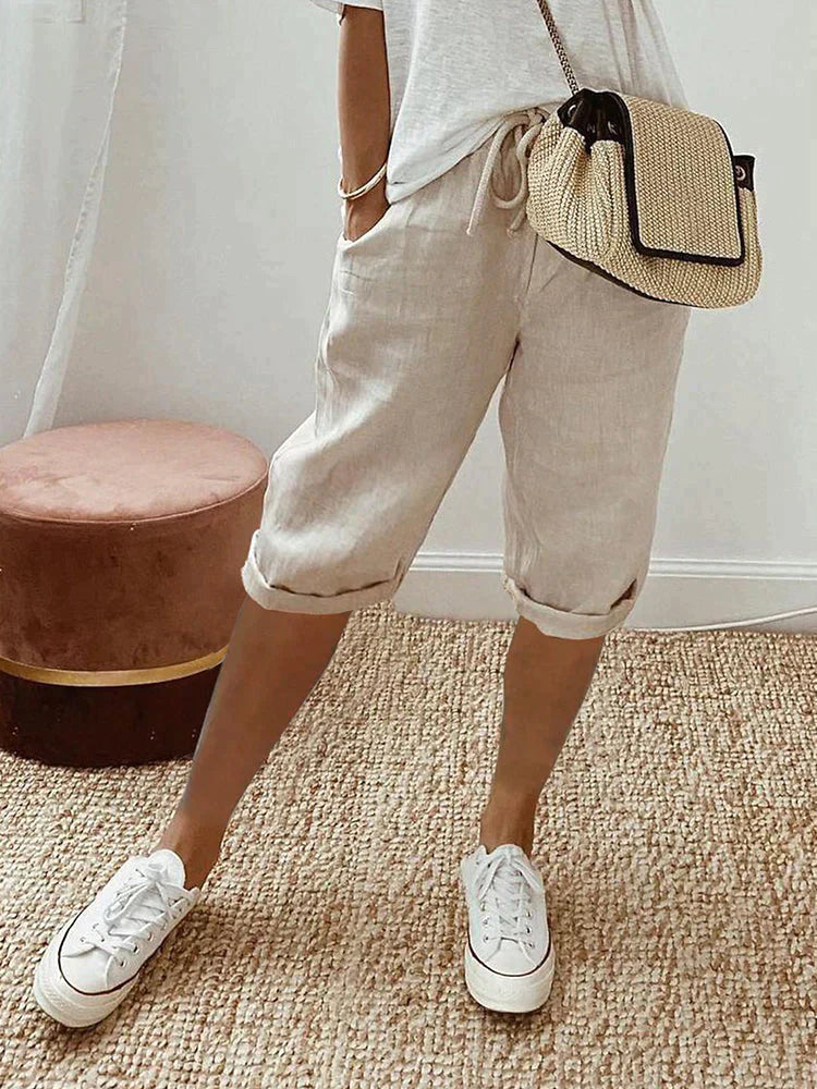 Women's Mid Waist Shorts with Knee Length and Drawstring