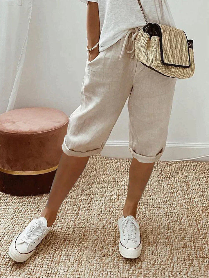 Women's Mid Waist Shorts with Knee Length and Drawstring