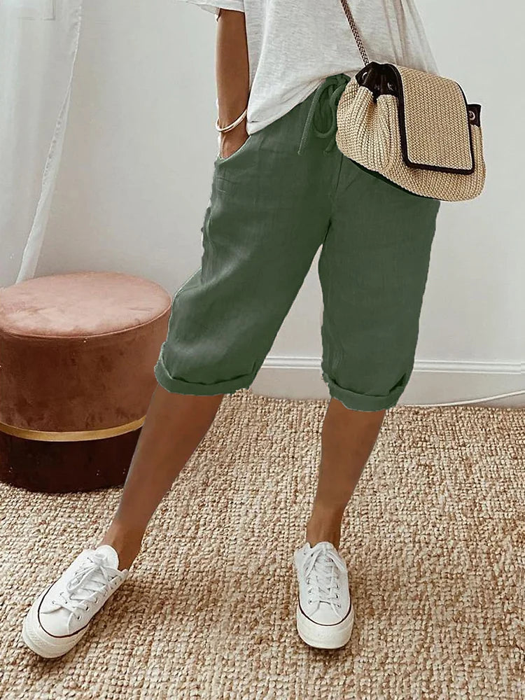 Women's Mid Waist Shorts with Knee Length and Drawstring