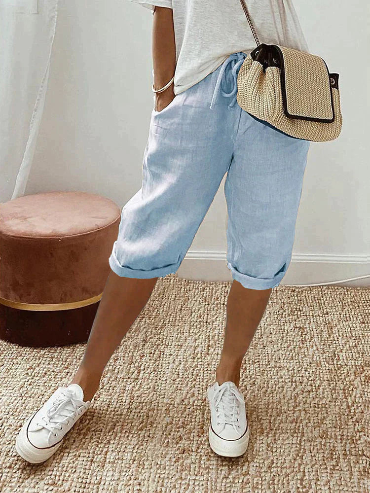Women's Mid Waist Shorts with Knee Length and Drawstring