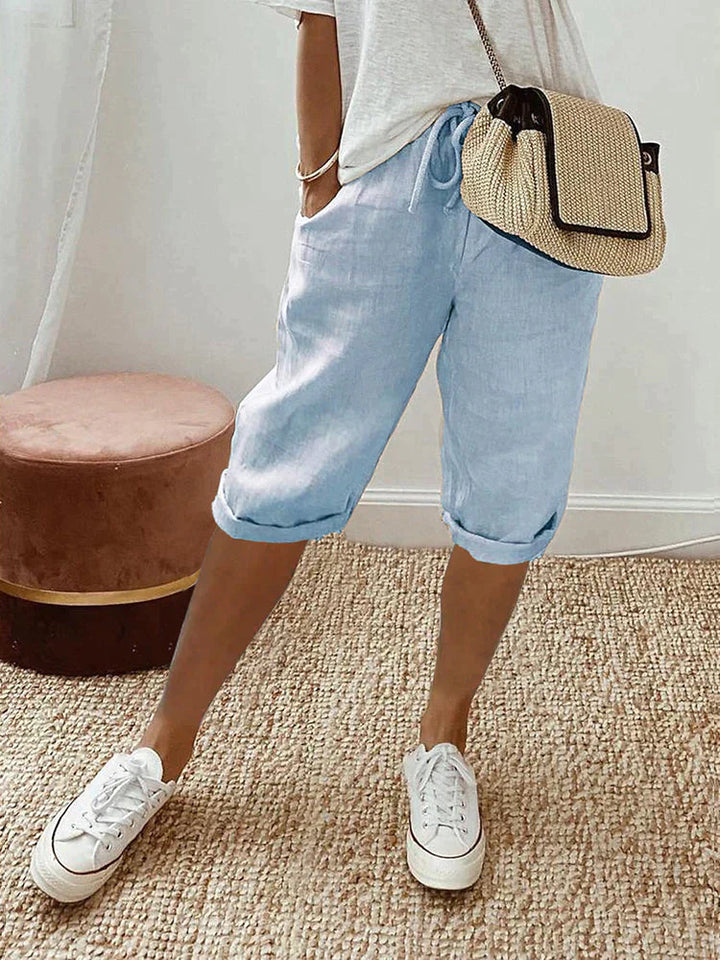 Women's Mid Waist Shorts with Knee Length and Drawstring