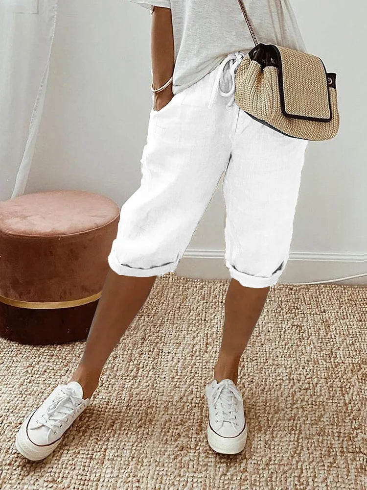 Women's Mid Waist Shorts with Knee Length and Drawstring