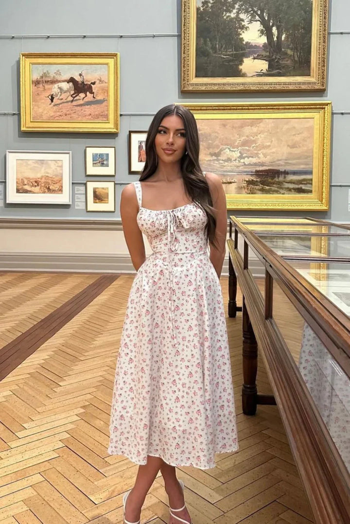 Women’s Midi Dress with Floral Print and Ruched Bust