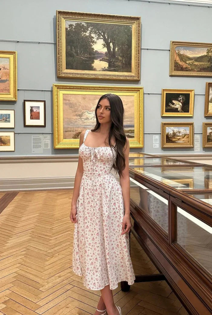 Women’s Midi Dress with Floral Print and Ruched Bust