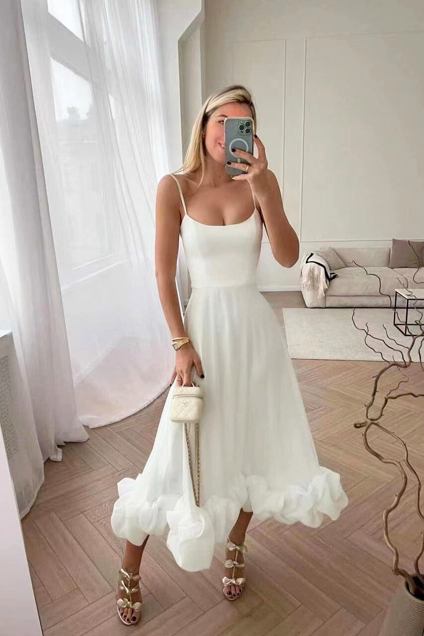 Women's Midi Wedding Guest Dress with Scoop Neck and Spaghetti Straps