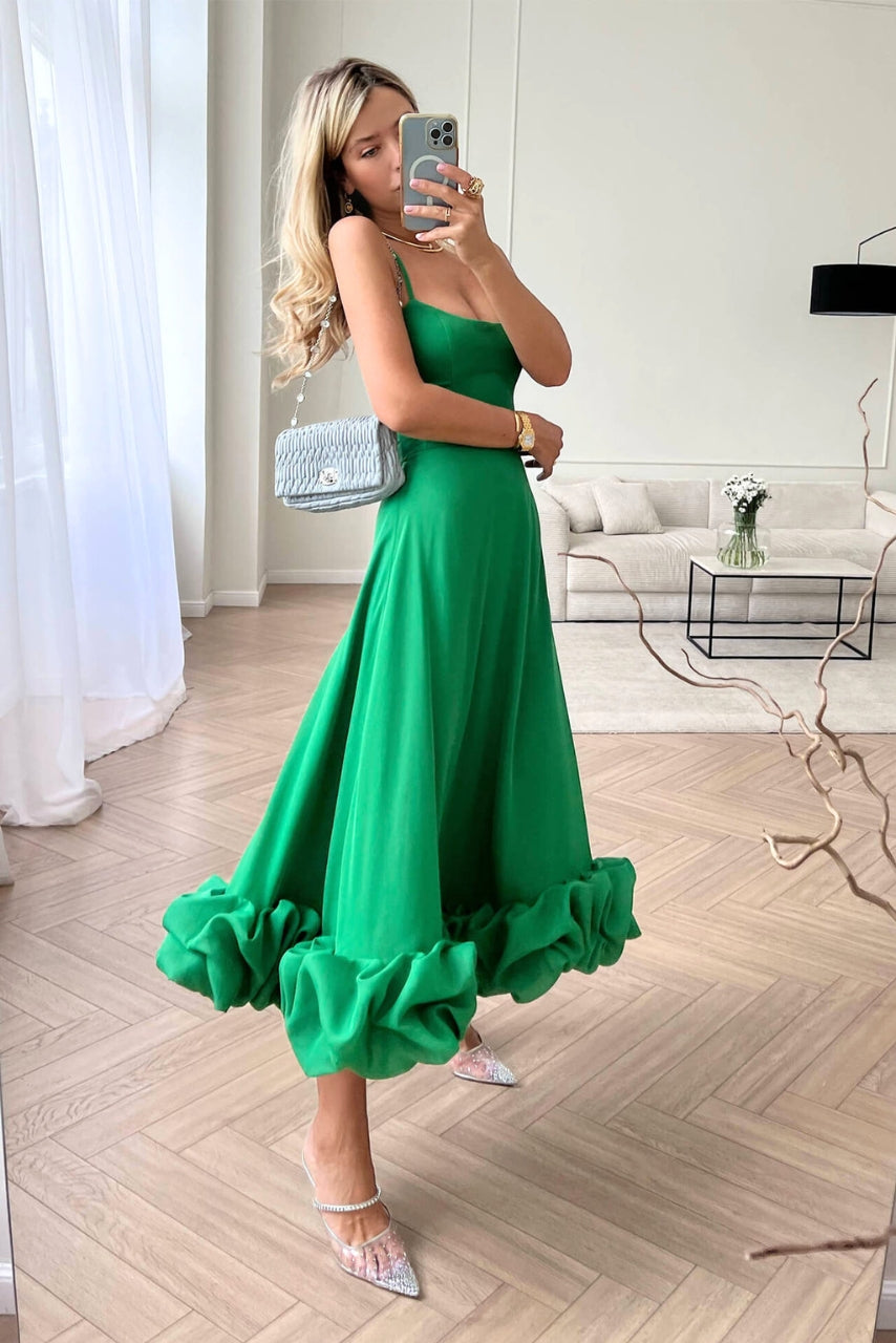 Women's Midi Wedding Guest Dress with Scoop Neck and Spaghetti Straps