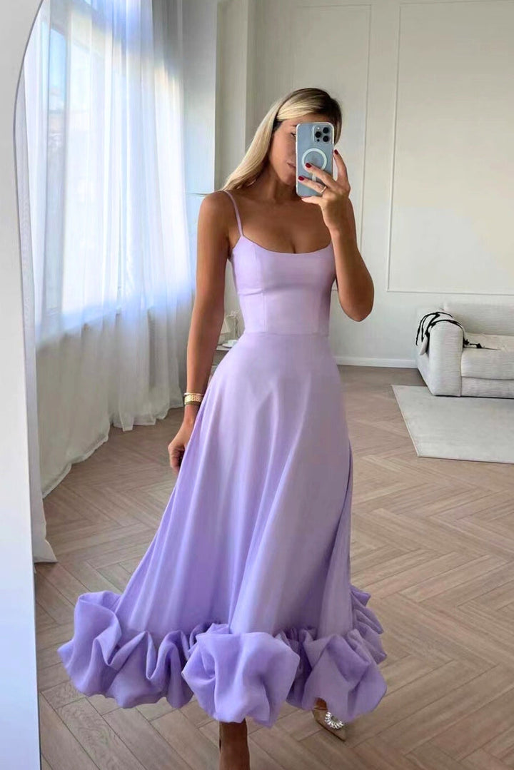 Women's Midi Wedding Guest Dress with Scoop Neck and Spaghetti Straps