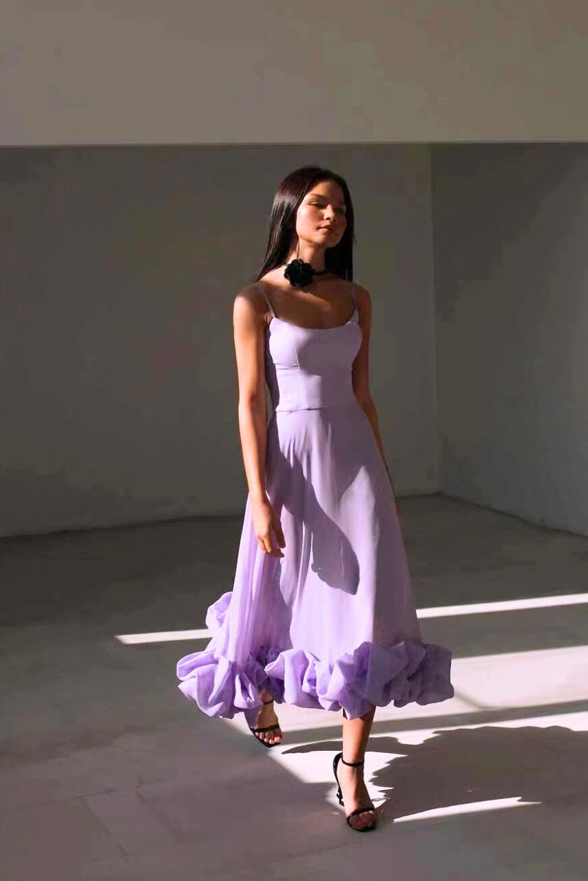 Women's Midi Wedding Guest Dress with Scoop Neck and Spaghetti Straps