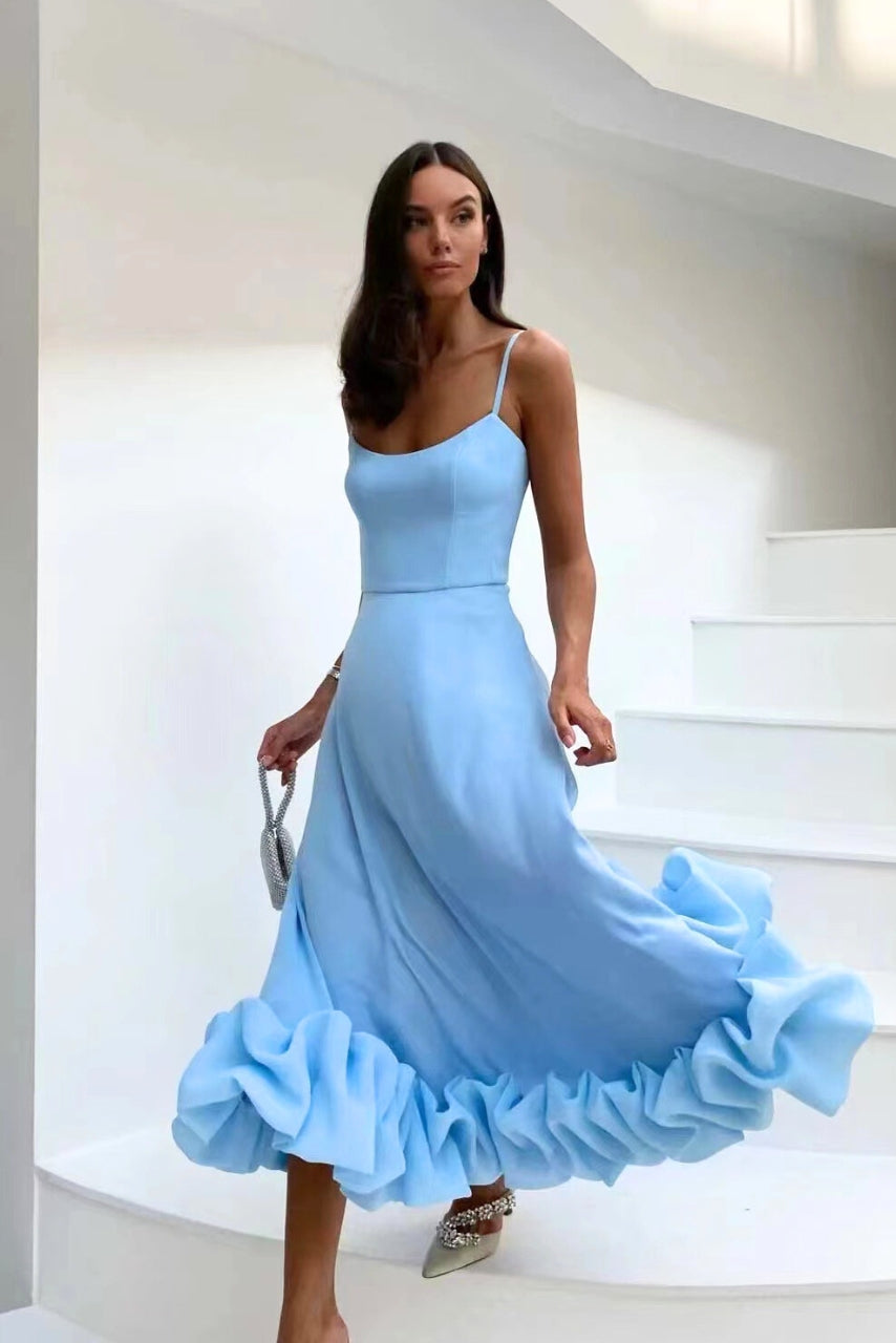 Women's Midi Wedding Guest Dress with Scoop Neck and Spaghetti Straps