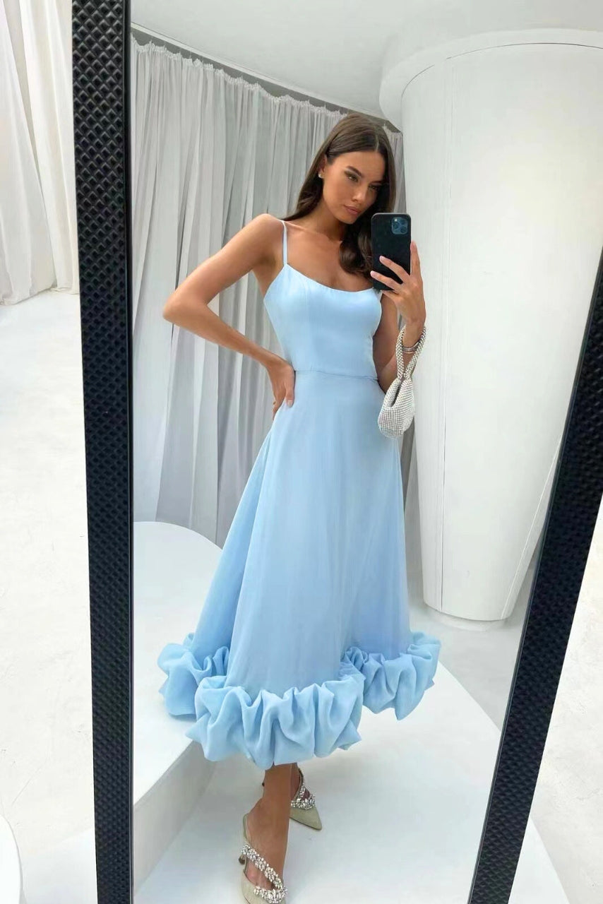 Women's Midi Wedding Guest Dress with Scoop Neck and Spaghetti Straps
