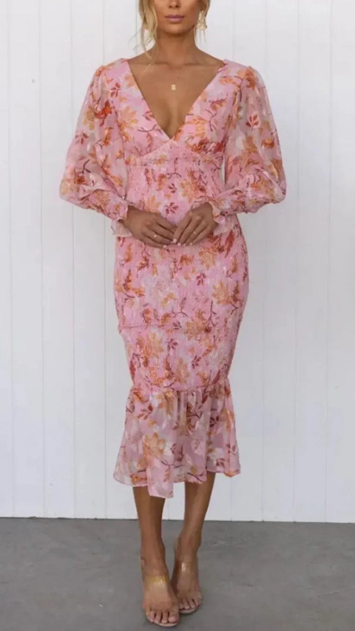 Women's Midi Wedding Guest Dress with V-Neckline and Floral Print