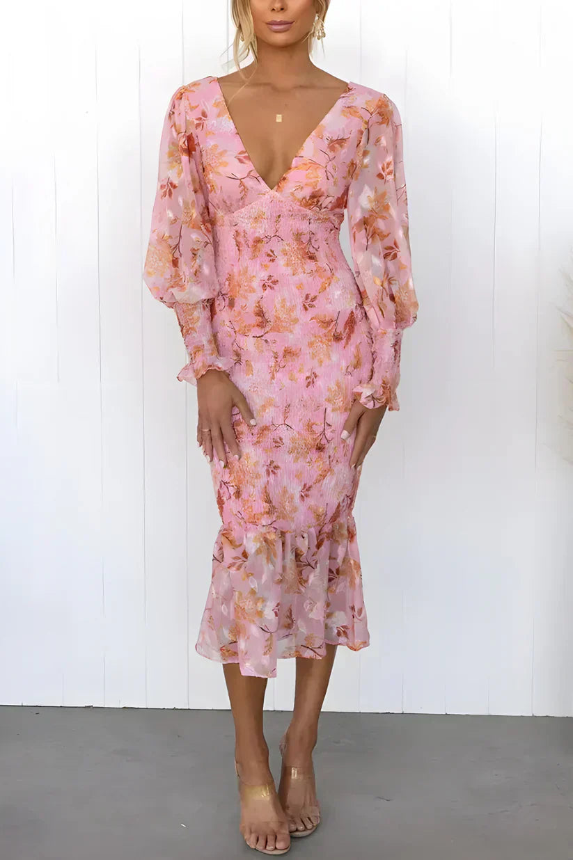 Women's Midi Wedding Guest Dress with V-Neckline and Floral Print