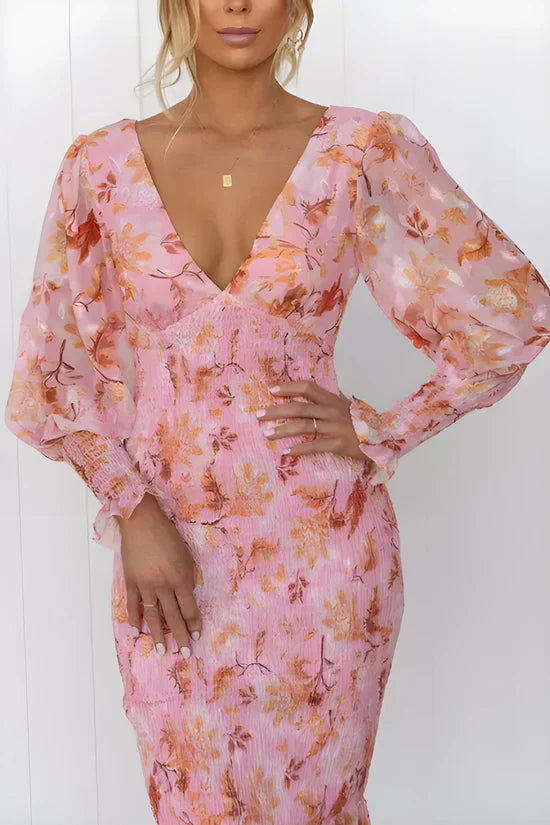 Women's Midi Wedding Guest Dress with V-Neckline and Floral Print