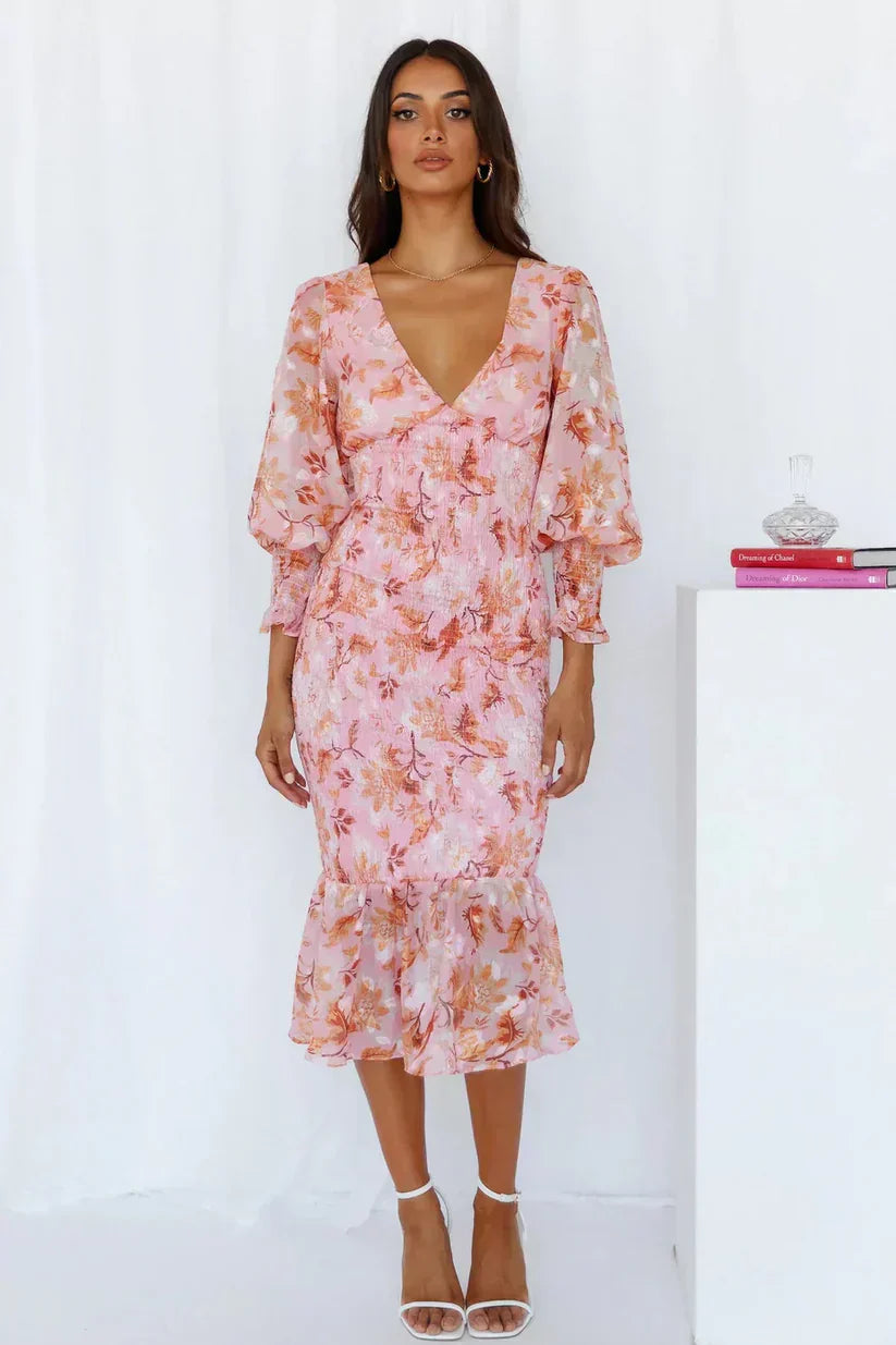 Women's Midi Wedding Guest Dress with V-Neckline and Floral Print