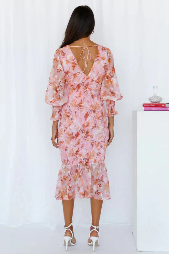 Women's Midi Wedding Guest Dress with V-Neckline and Floral Print