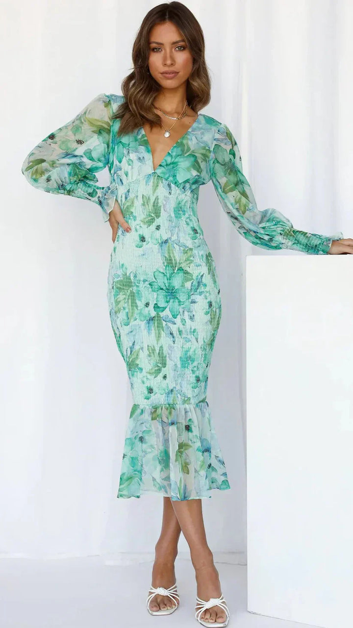 Women's Midi Wedding Guest Dress with V-Neckline and Floral Print