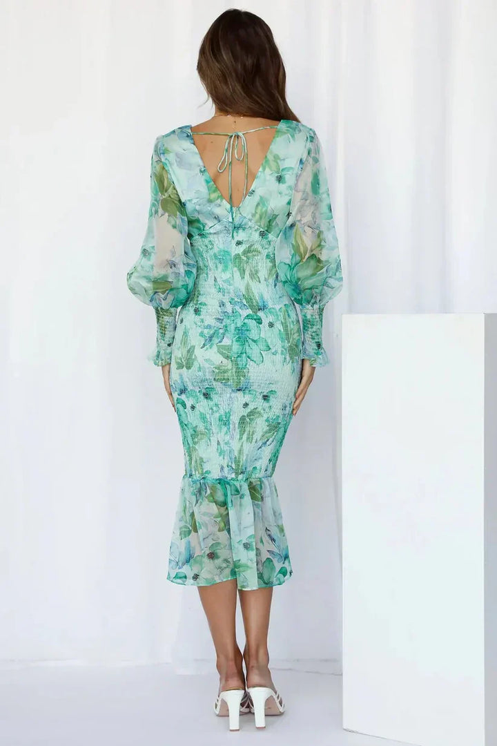Women's Midi Wedding Guest Dress with V-Neckline and Floral Print