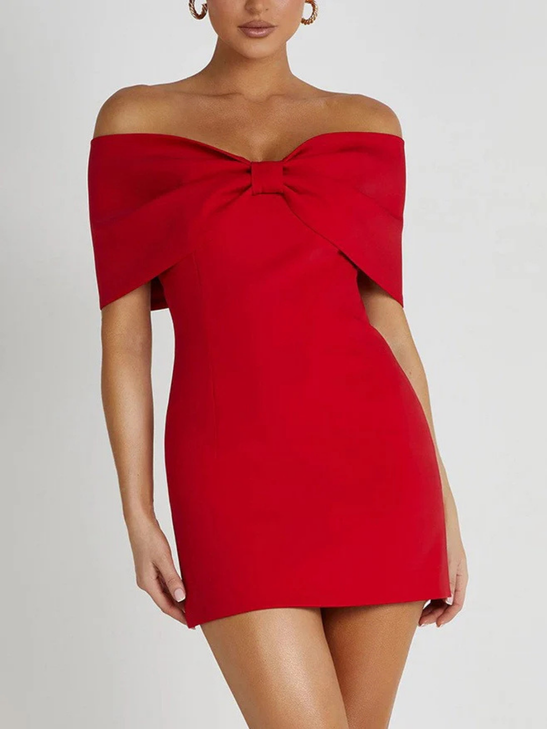 Women's Mini Dress with Off-the-Shoulder Sleeves and Bow Detail