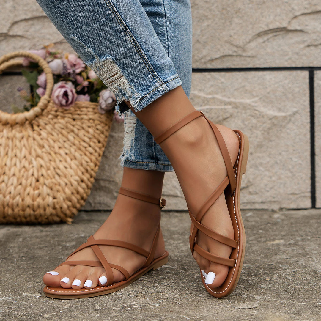 Women’s Multi-Strap Sandals with Ankle Buckle and Stitching Details