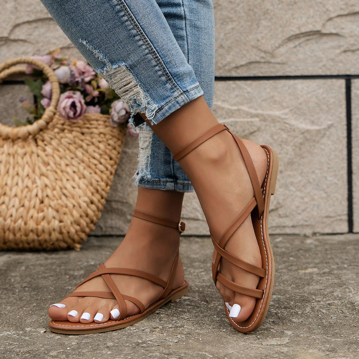 Women’s Multi-Strap Sandals with Ankle Buckle and Stitching Details