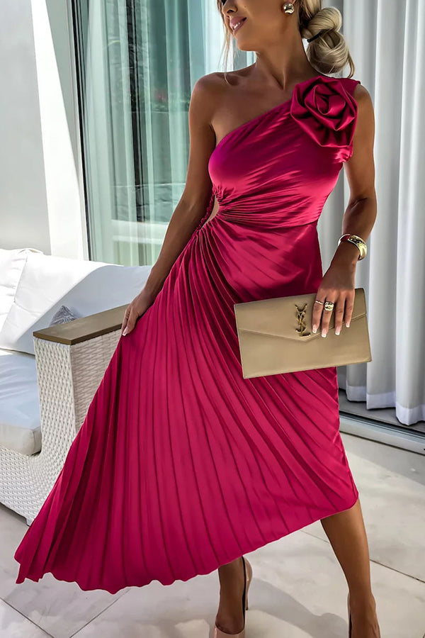 Women's One-Shoulder Maxi Dress with Pleats and Side Cutout