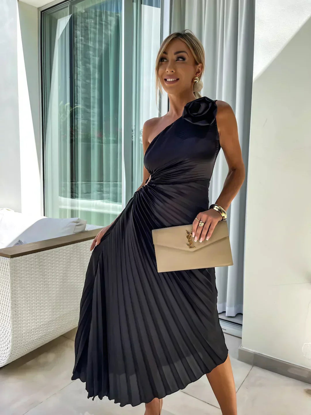 Women's One-Shoulder Maxi Dress with Pleats and Side Cutout