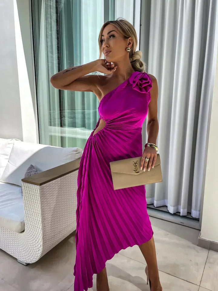 Women's One-Shoulder Maxi Dress with Pleats and Side Cutout