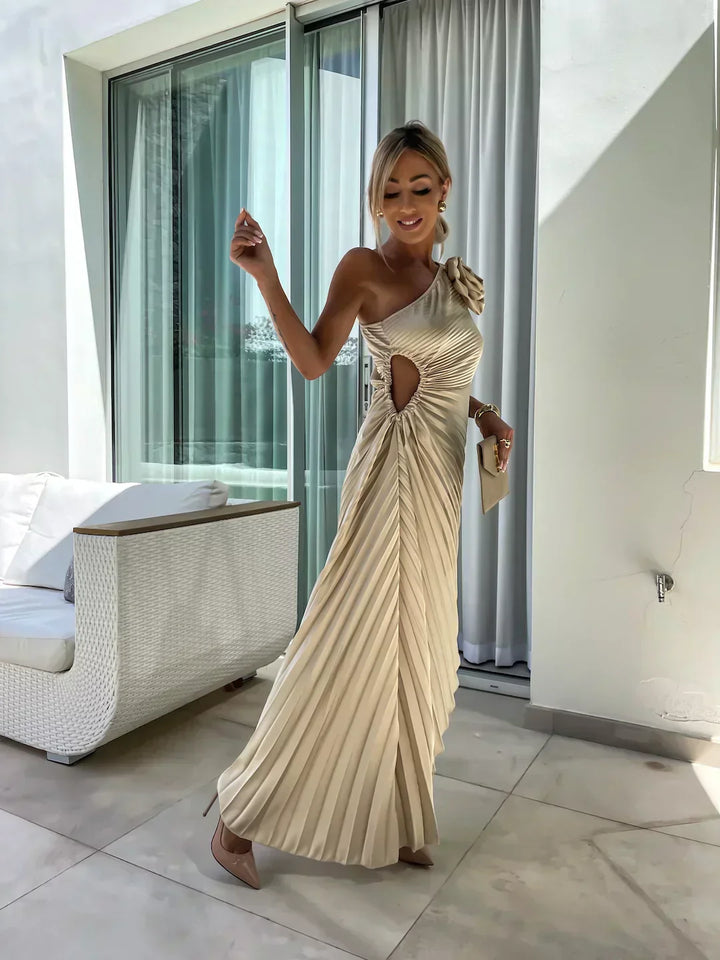 Women's One-Shoulder Maxi Dress with Pleats and Side Cutout