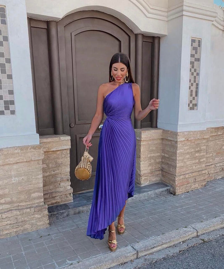 Women's One Shoulder Wedding Guest Dress with Asymmetrical Hem and Twisted Waist Detail