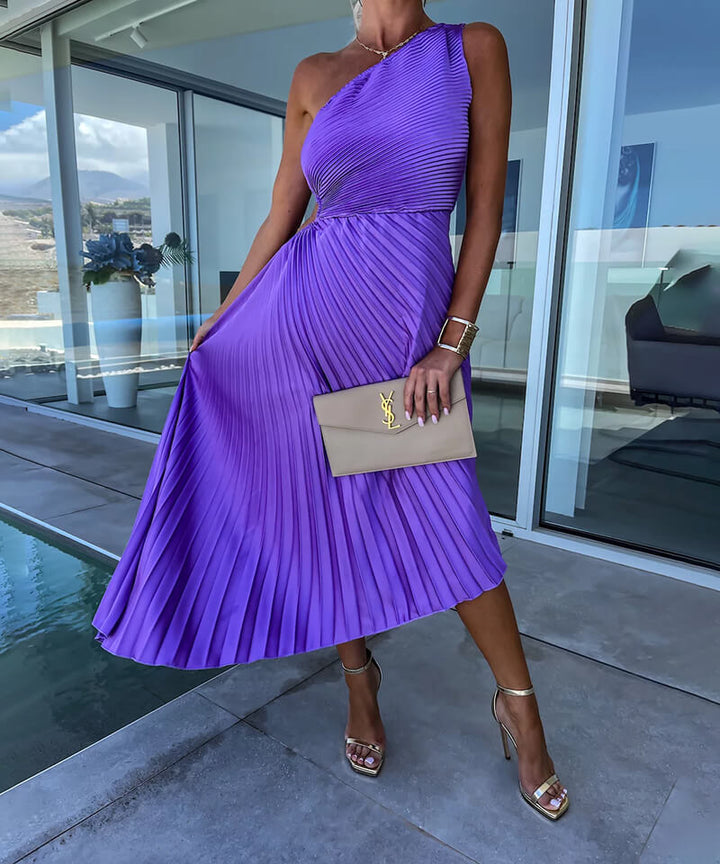Women's One Shoulder Wedding Guest Dress with Asymmetrical Hem and Twisted Waist Detail