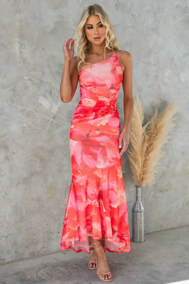 Women's One Shoulder Wedding Guest Dress with Floral Design and Ruched Side