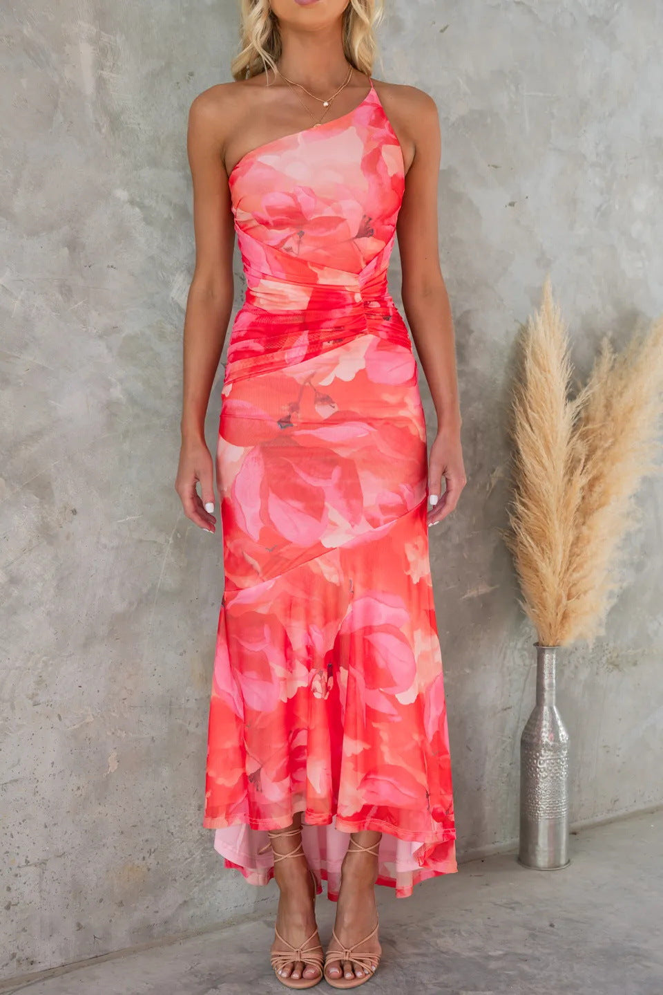 Women's One Shoulder Wedding Guest Dress with Floral Design and Ruched Side